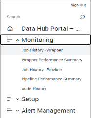 An example of the left navigation view in Data Hub, with the Monitoring area expanded. 